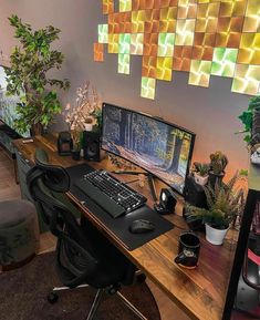 a computer desk with a keyboard, mouse and monitor on it next to potted plants