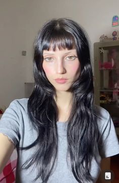 Full Cheeks Haircut, 90s Medium Haircut With Bangs, Sleek Haircuts For Women, Micro Bangs Long Face, Grown Out Mullet Hairstyle, Long Shag Thick Hair, Short Bangs Black Hair, Above The Brow Bangs, Pixie Hairstyles With Long Bangs