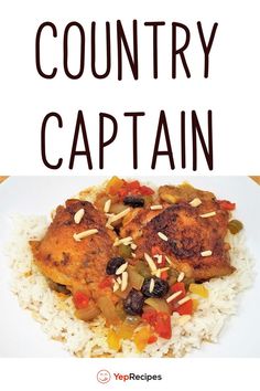 a white plate topped with rice and chicken next to a sign that says country captain