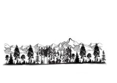 a black and white drawing of trees with mountains in the background