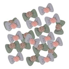 small knitted bow clips with pink and grey bows on each one, set of 10