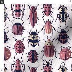 many different bugs on white fabric with pink and black dots, all over the surface