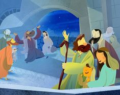 the nativity scene is depicted in an animated style