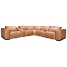 a brown leather sectional sofa with two reclinings on the back and one end