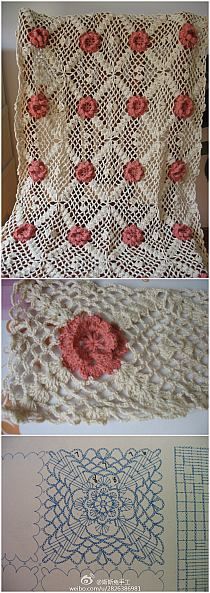 crocheted afghans with red flowers on them, and two pictures of the same blanket