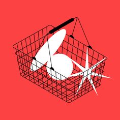 a shopping basket with scissors in it on a red background that has the shape of a fish