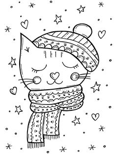 a black and white drawing of a cat wearing a scarf