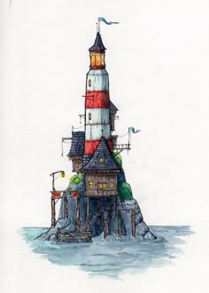 a watercolor painting of a lighthouse on top of a rock in the middle of the ocean