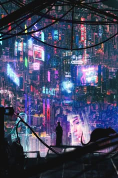 a person standing in front of a cityscape with neon lights and people looking at it