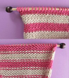 two pictures of pink and white yarn hanging from a hook on a purple wall next to a pair of wooden handles