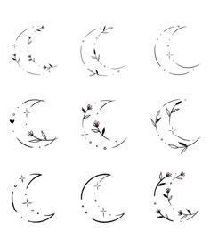 the moon and stars are drawn in black ink on a white background, with small flowers