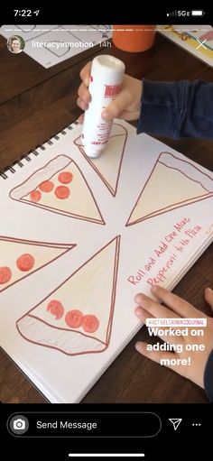 someone is drawing pizza slices on a piece of paper with a cup of coffee in front of them