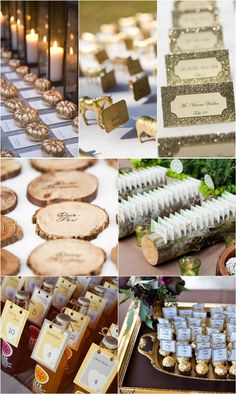 many different types of wedding favors and place cards are arranged on a table with candles