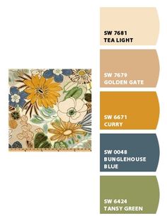 the color scheme for this house is green, brown, yellow and white with flowers on it