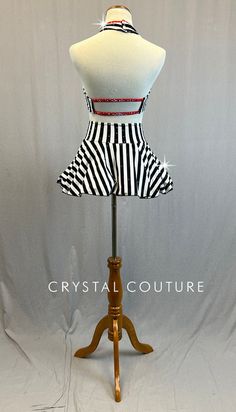 Custom Black and White striped halter top has Red edging and buttons. Paired with striped circle skirt with matching buttons and Red crinoline underneath. 4 Gross of Siam AB 12ss, 16ss and 30ss, and Jet Hematite 16ss Rhinestones! *Accessories Include: Long Red Gloves and Black Fascinator Hat. **Costume in image is an AS, Photographed on an AS/AM Mannequin with Measurements of: Bust 35", Ribcage 30", Waist 25", Hip 34", Girth 57" French Costume, Trio Costumes, Striped Halter Top, Sequin Jewelry, Costumes Couture, Red Gloves, Black Fascinator, Sequin Appliques, Long Red