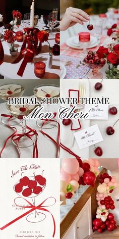 a collage of photos with red and white decorations on them, including balloons, candles, flowers, and cards