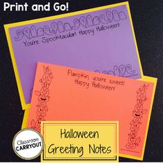 three halloween greeting cards with writing on them