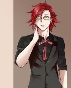 an anime character with red hair and glasses