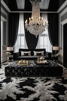 a black and white living room with chandelier, couch, coffee table and rug