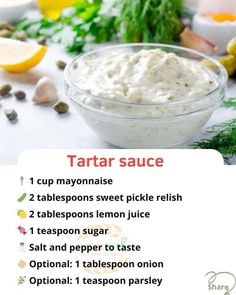 a recipe for tartar sauce in a bowl