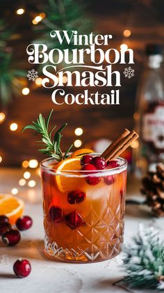 winter bourbon smash cocktail with oranges, cranberries and cinnamon on the side