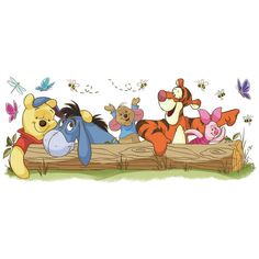 winnie the pooh and friends on a log with butterflies in the sky behind them