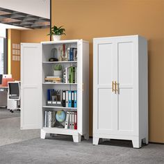 a white bookcase next to an office desk