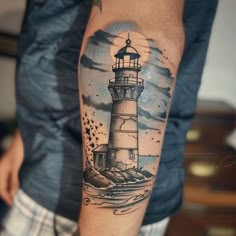 Illuminated Neo Traditional Tattoo Kit Lighthouse Tattoo Color, Lightning In A Bottle Tattoo, Lighthouse Tattoo Men, Light House Tattoo, Honey Badger Tattoo, Tattoo Lighthouse, Neo Traditional Tattoo Design, Traditional Lighthouse Tattoo, Unique Expressions