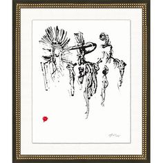 a black and white drawing with red dots on it's border, in a gold frame