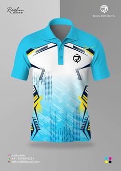 the front and back of a blue polo shirt with yellow, white and black designs on it