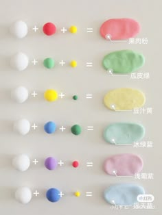 an assortment of different colored candies arranged on a white surface with chinese characters in the background