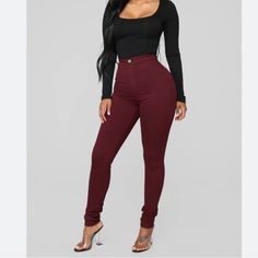 By Fashion Nova. Super High Waisted Stretch Denim Jeans. Cover-Shot & Photos W/Model From Fashionnova.Com. In Brand New Condition With Tags Attached. Details - Sizes: 13 - Color: Burgundy - Super High-Waisted - Button & Zipper Closure - Very Stretchy Skinny Jean Denim - 2 Back Pockets Measurements - 11” Rise - 31” Inseam Fabric - Cotton/Tensel/Polyester/Lycra - Machine Wash Red Fitted High-waisted Jeans, Red High Rise Non-stretch Jeans, High Waist Non-stretch Denim Jeggings, Non-stretch High Rise Medium Wash Jeggings, Fashion Nova Pants, Jumpsuit Fashion, High Waist Jeans, Colored Jeans, Stretch Denim