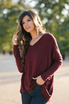 Delaney Knit V-Neck Burgundy Sweater Cute Loungewear Sets, Photo Session Outfits, Casual Outfits Work, Cute Loungewear, Cozy Clothing, Morning Lavender, Cozy Outfits, Lovely Tops, Burgundy Sweater