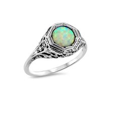 Vintage Estate Lab Created Opal Solitaire Filigree Ring. 925 Solid Sterling Silver. The Top Of The Ring Measures 3/8 Inches In Length. Set With The Highest Quality 7 mm Lab Created Opal Stone. Stamped 925. Excellent Condition/Like New. Formal Polished Finish Jewelry For May Birthstone, Formal Silver Engraved Ring With Birthstone, Formal Heirloom Opal Ring, Formal Sterling Silver Birthstone Engraved Ring, Formal Sterling Silver Engraved Ring With Birthstone, Silver Filigree Ring With Birthstone For Anniversary, Silver Fine Jewelry Birthstone Ring For Formal Events, Silver Fine Jewelry Birthstone Ring For Formal Occasions, Antique Round Cut Jewelry Gift