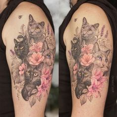 two pictures of cats with flowers on their arms, one is black and the other is grey