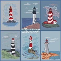 four different lighthouses are shown in this cross stitch pattern