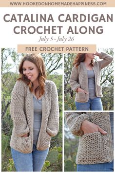 the catalina cardigan crochet along pattern is shown in three different pictures, and has