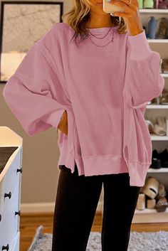 Olivia Mark - Oversized Pink Sweater with Waffle Knit Construction and Flowy Sleeve Pink Oversized Sweater, Neck Details, Drawstring Waist Pants, Waffle Fabric, Half Sleeve Tops, Split Design, Bishop Sleeve, Knit Sweatshirt, Outfit Combinations