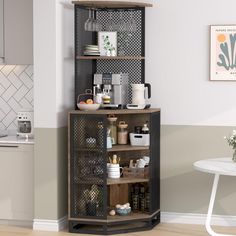 a kitchen with a table and shelves in it