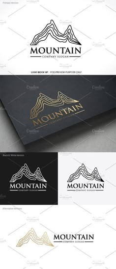 the mountain logo is shown in three different colors and sizes, including black, white, gold