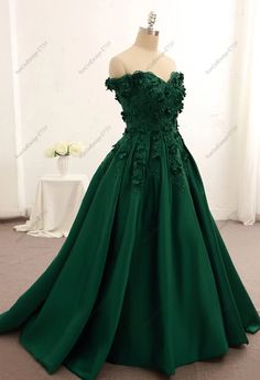 Green Prom Dress off the Shoulder Straps Ball Gown Graduation - Etsy Green Ball Dresses, Green Sweet 16 Dresses, Slytherin Dress, Dark Green Prom Dress, Green Prom Dress Long, Prom Dress Off The Shoulder, Graduation Party Dress, Gown Graduation