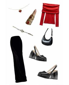 an assortment of clothing and accessories including shoes