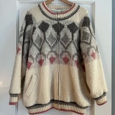 Beautiful Vintage Sweater Jacket In Ivory Cream Color. Made In Iceland Of 100% Wool. Women’s Size Large. Hip Pockets. Fully Lined. Bomber Style Silhouette. Geometric Pattern With Dusty Rose Pink And Grey. Icelandic Wool Sweaters, Pull Vintage, Dusty Rose Pink, Knit Sweaters, Vintage Sweater, Zip Up Sweater, Vintage Jacket, Vintage Sweaters, Wool Sweater