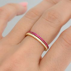 Sweet, simple, and dainty eternity band. Perfect for a minimalist look, or for stacking. - - - D E T A I L S - - - * Made of 925 Sterling Silver * We use a THICK, DURABLE 14k Gold, Rose Gold or Rhodium plating - for a piece that will last you years to come! * VERY HIGH QUALITY * Available in sizes 4, 5, 6, 7, 8, 9, or 10 * Features stones throughout the entire ring * Measures 1.3mm thick * Ruby is made of highest grade cubic zirconia stones for an authentic ruby look! * Also available in White C Minimalist Half Eternity Band For Everyday, Minimalist White Stackable Half Eternity Rings, Minimalist Stackable Rings With Half Eternity, Minimalist Half Eternity Stackable Rings, Minimalist Stackable Eternity Band, Elegant Adjustable Ruby Stackable Ring, Elegant Adjustable Stackable Ruby Ring, Dainty Infinity Stackable Rings, Minimalist Stackable Adjustable Ruby Ring