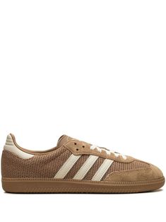 sand brown leather mesh panelling signature 3-Stripes logo signature trefoil logo-embroidered tongue front lace-up fastening round toe branded insole vulcanised-rubber sole Brown Samba Adidas, Samba Sneakers, Brown Adidas Samba, Brown Samba, Adidas Samba Brown, Brown Adidas, Nike Tenis, Perfect Sneakers, Adidas Samba Og