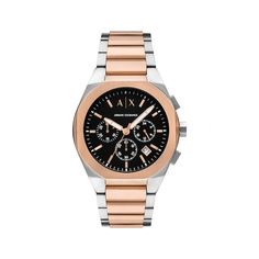 This two-tone men's watch from Armani Exchange perfectly blends style and function. 42mm rose gold-tone and silver-tone stainless steel case Black sunray dial with chronograph sub-dials, date window and rose-tone accents Rose gold-tone and silver-tone stainless steel bracelet; fold-over clasp Gold Layered Bracelets, Pearl Diamond Jewelry, Cross Jewelry Necklace, Fan Jewelry, Bezel Engagement Ring, Diamond Wedding Rings Sets, Rose Tone, Stackable Bracelets, Cross Jewelry