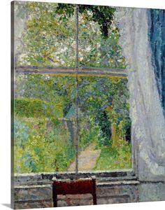 a painting of an open window with curtains and a chair in front of the window