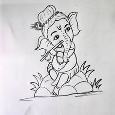 a drawing of an elephant with a flute in it's mouth sitting on the ground