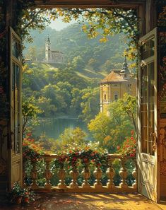 an open door leading to a beautiful landscape