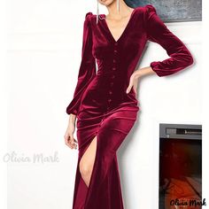 Olivia Mark - Premium Plus Size Party Dress: Womens Exquisite Solid Velvet Lantern Sleeve V-Neck Maxi Dress with Split Hem and High Stretch Fabric Long Fall Dresses, Wrapped Skirt, Plus Size Party Dresses, Velvet Maxi Dress, Elegant Party Dresses, Elegant Skirt, Hipster Fashion, Hip Dress, Party Dress Long